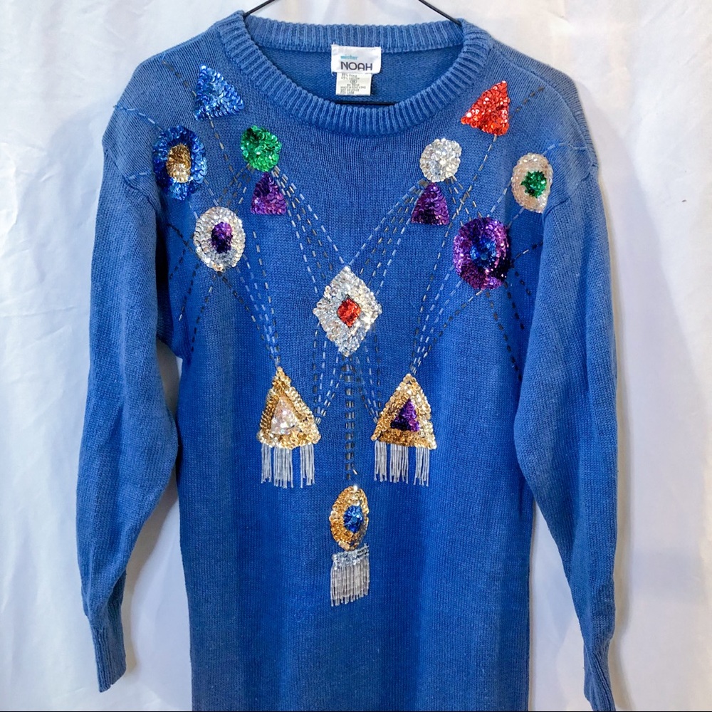 Vintage 80s Sequin Blue Sweater Dress - Picture 13 of 16